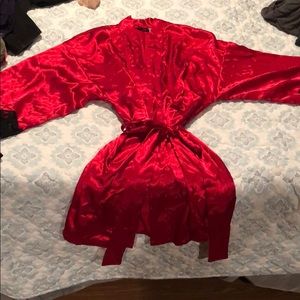 Beautiful satin red robe with black lace detail